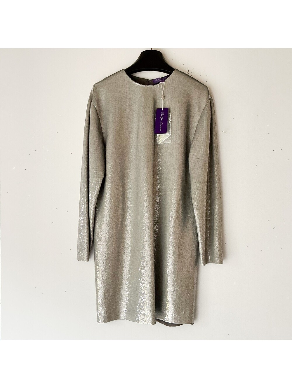 Ralph Lauren Purple Label PreFall '18 Silver Sequin Long Sleeve Shift Dress Sz 6